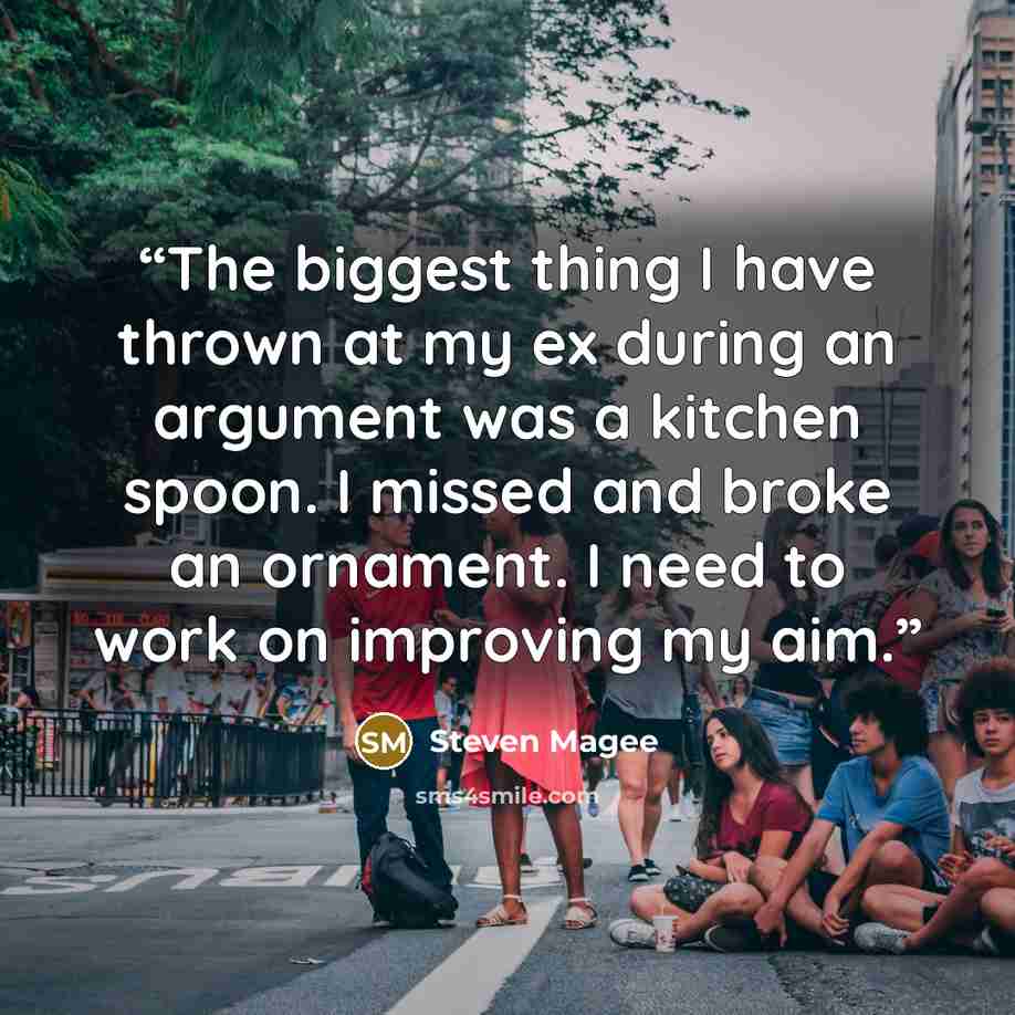 “The biggest thing I have thrown at my ex during an argument was a kitchen spoon. I missed and broke an ornament. I need to work on improving my aim.” quote by Steven Magee