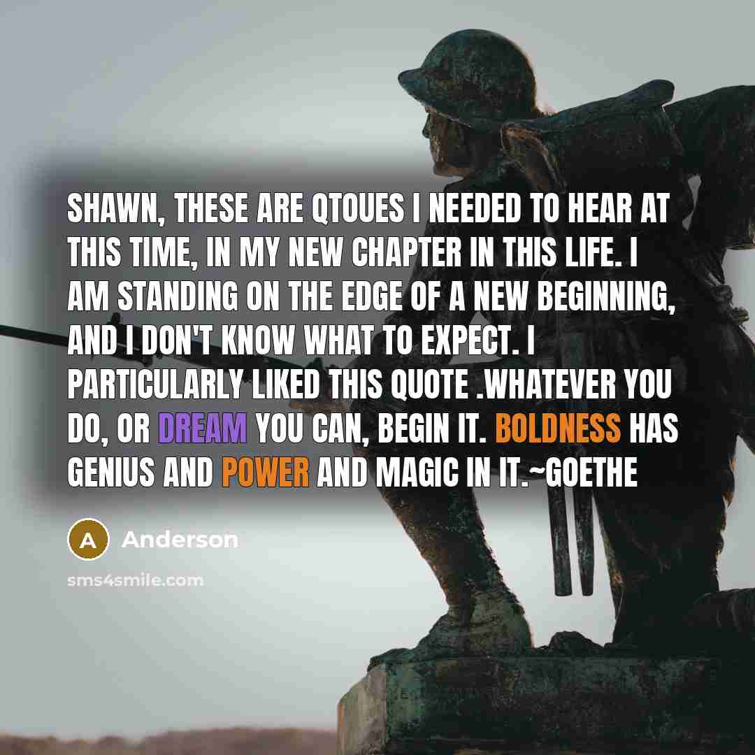 “Shawn, these are qtoues I needed to hear at this time, in my new chapter in this life. I am standing on the edge of a new beginning, and I don't know what to expect. I particularly liked this quote .Whatever you do, or dream you can, begin it. Boldness has genius and power and magic in it.~Goethe” quote by Anderson
