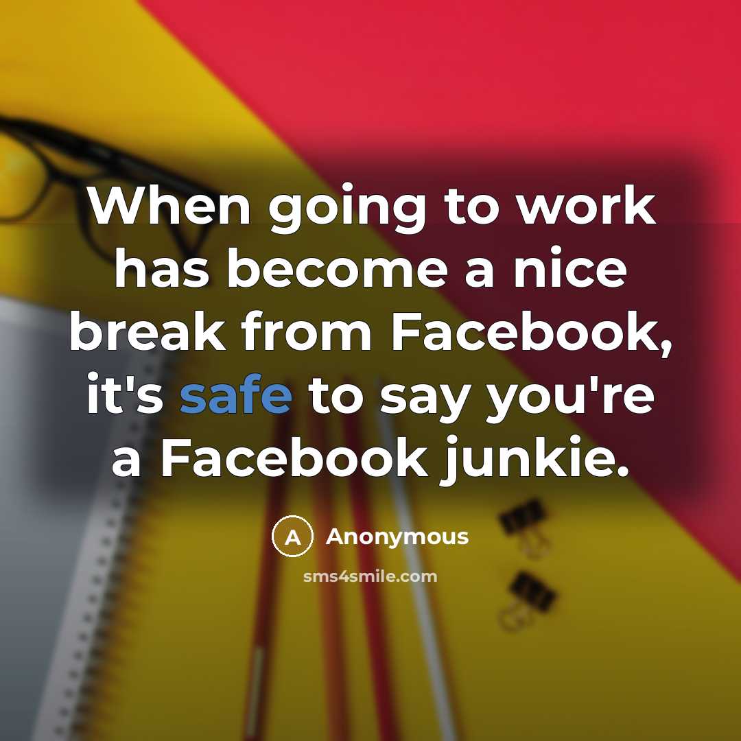“When going to work has become a nice break from Facebook, it's safe to say you're a Facebook junkie.” quote by Anonymous