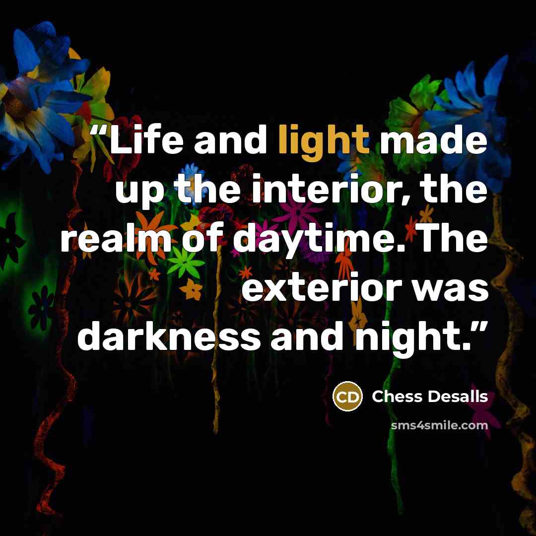 “Life and light made up the interior, the realm of daytime. The exterior was darkness and night.” quote by Chess Desalls