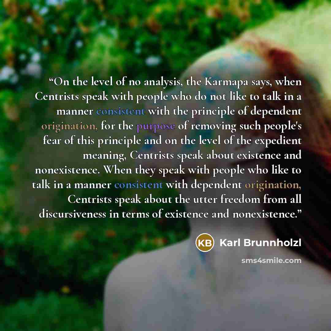 “On the level of no analysis, the Karmapa says, when Centrists speak with people who do not like to talk in a manner consistent with the principle of dependent origination, for the purpose of removing such people's fear of this principle and on the level of the expedient meaning, Centrists speak…” quote by Karl Brunnholzl