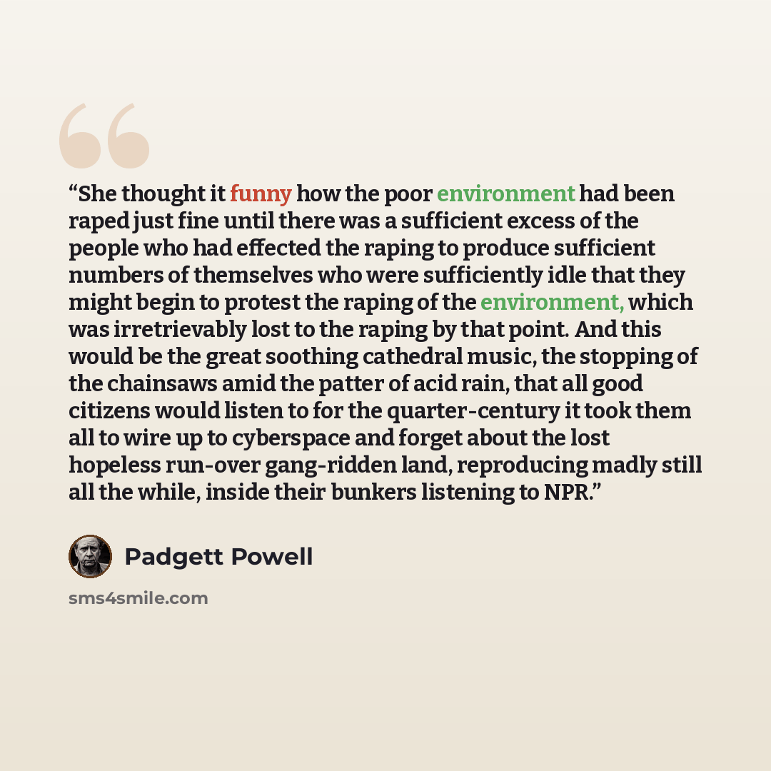 “She thought it funny how the poor environment had been raped just fine until there was a sufficient excess of the people who had effected the raping to produce sufficient numbers of themselves who were sufficiently idle that they might begin to protest the raping of the environment, which was…” quote by Padgett Powell