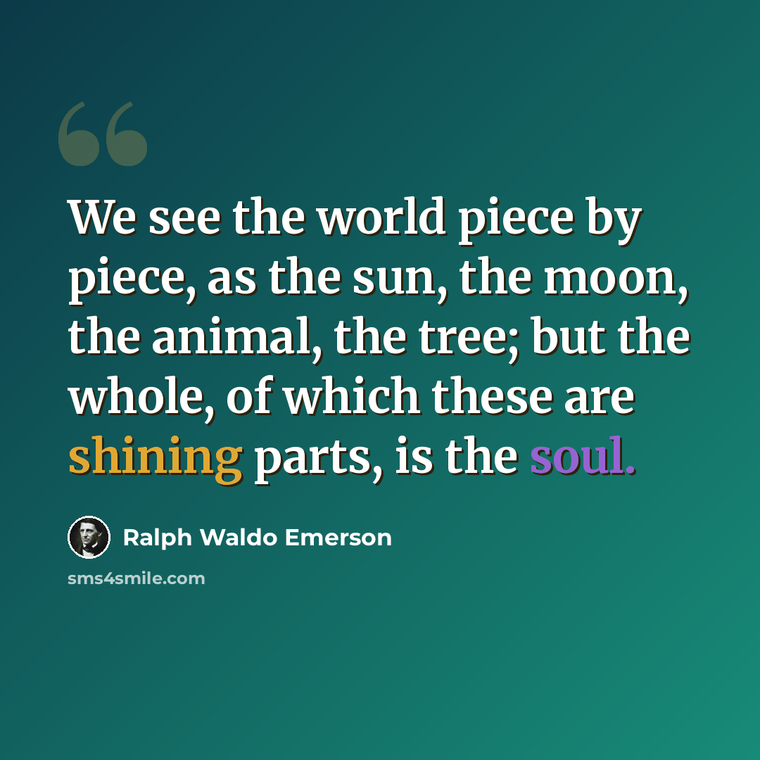 “We see the world piece by piece, as the sun, the moon, the animal, the tree; but the whole, of which these are shining parts, is the soul.” quote by Ralph Waldo Emerson