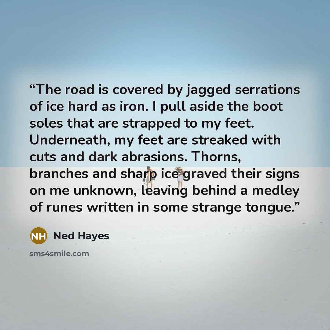 “The road is covered by jagged serrations of ice hard as iron. I pull aside the boot soles that are strapped to my feet. Underneath, my feet are streaked with cuts and dark abrasions. Thorns, branches and sharp ice graved their signs on me unknown, leaving behind a medley of runes written in some…” quote by Ned Hayes