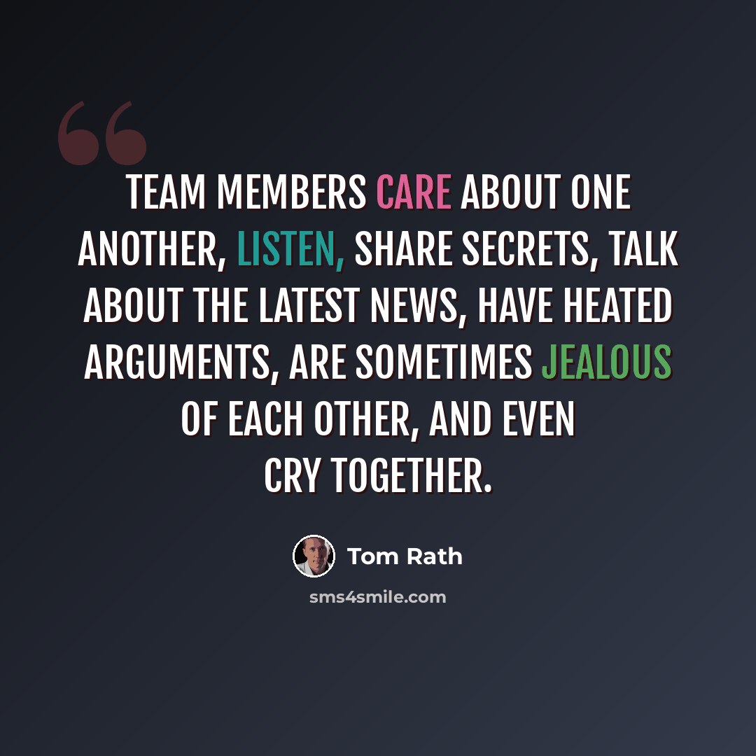 “Team members care about one another, listen, share secrets, talk about the latest news, have heated arguments, are sometimes jealous of each other, and even cry together.” quote by Tom Rath
