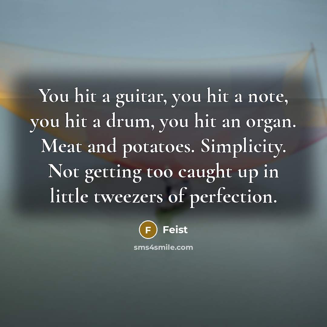 “You hit a guitar, you hit a note, you hit a drum, you hit an organ. Meat and potatoes. Simplicity. Not getting too caught up in little tweezers of perfection.” quote by Feist