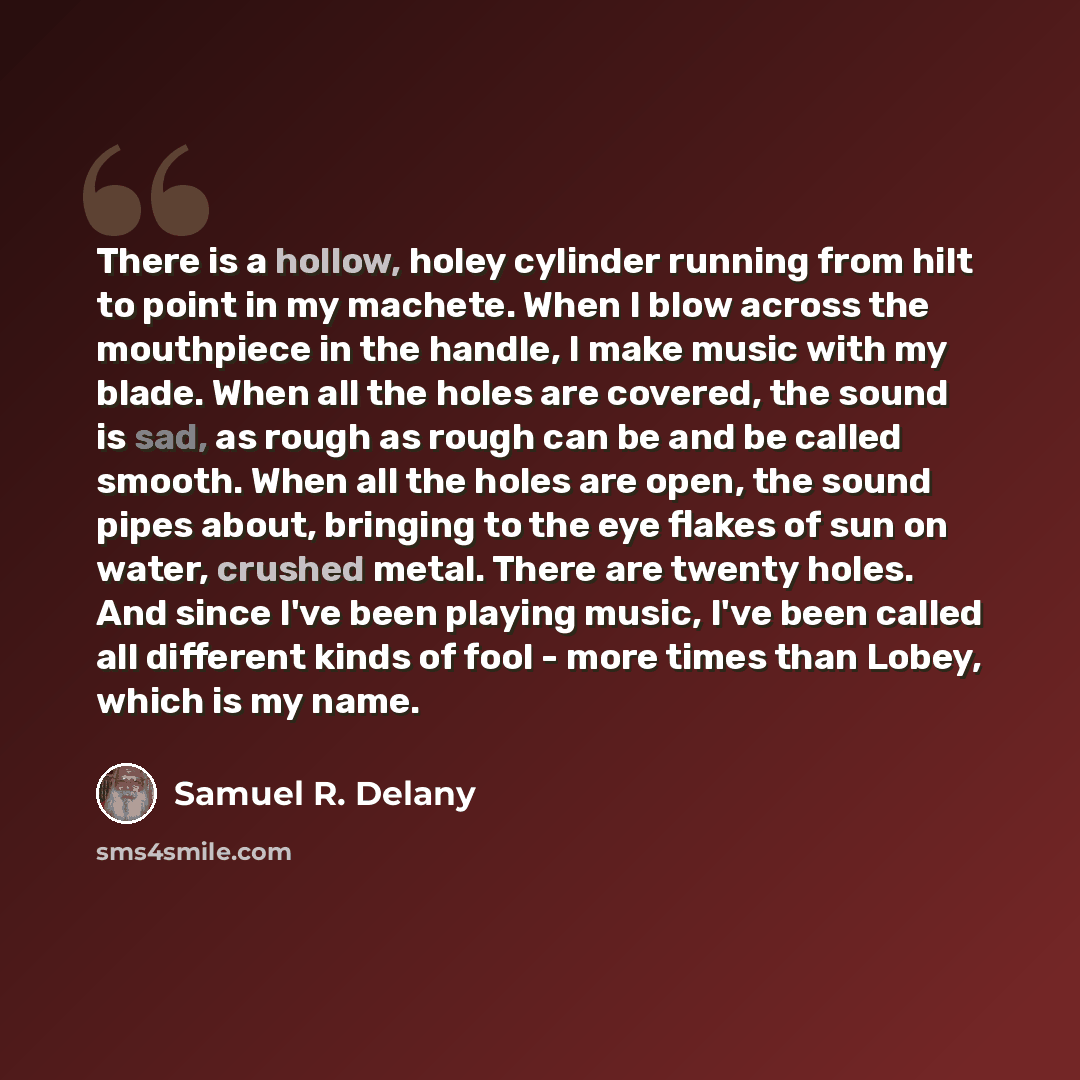 “There is a hollow, holey cylinder running from hilt to point in my machete. When I blow across the mouthpiece in the handle, I make music with my blade. When all the holes are covered, the sound is sad, as rough as rough can be and be called smooth. When all the holes are open, the sound pipes…” quote by Samuel R. Delany