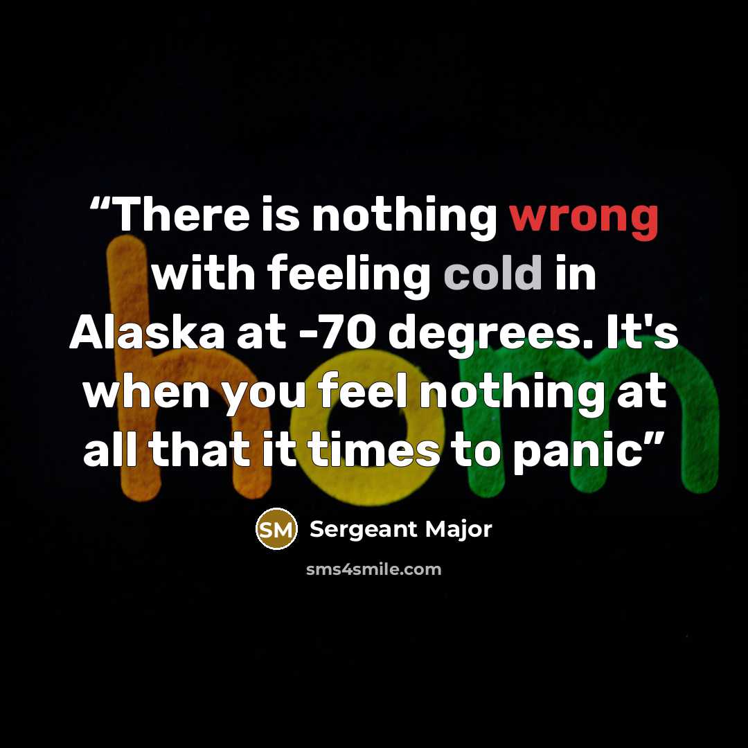 “There is nothing wrong with feeling cold in Alaska at -70 degrees. It's when you feel nothing at all that it times to panic” quote by Sergeant Major
