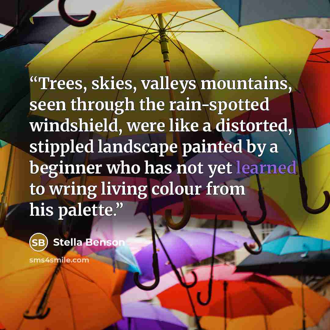 “Trees, skies, valleys mountains, seen through the rain-spotted windshield, were like a distorted, stippled landscape painted by a beginner who has not yet learned to wring living colour from his palette.” quote by Stella Benson