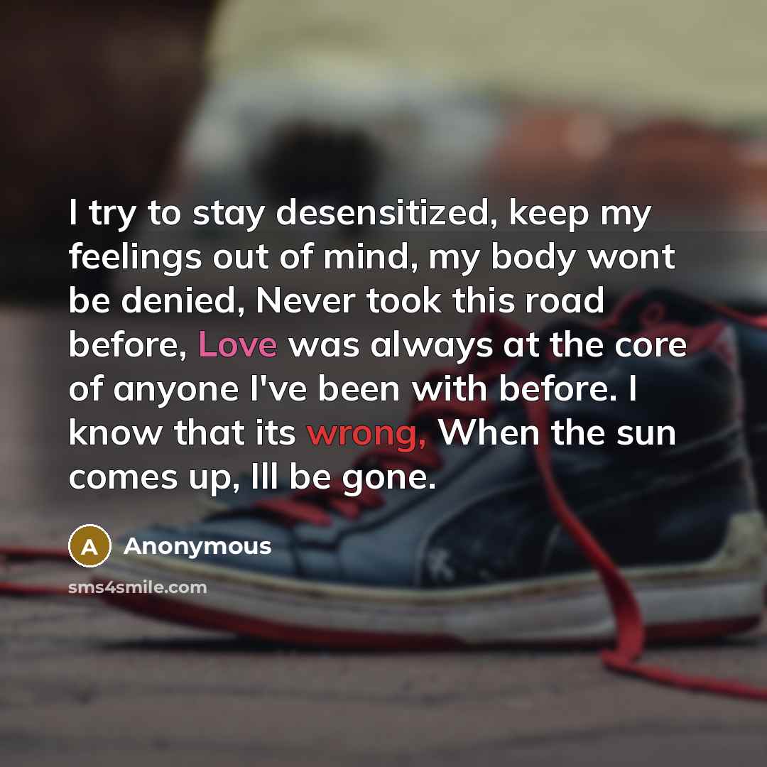 “I try to stay desensitized, keep my feelings out of mind, my body wont be denied, Never took this road before, Love was always at the core of anyone I've been with before. I know that its wrong, When the sun comes up, Ill be gone.” quote by Anonymous