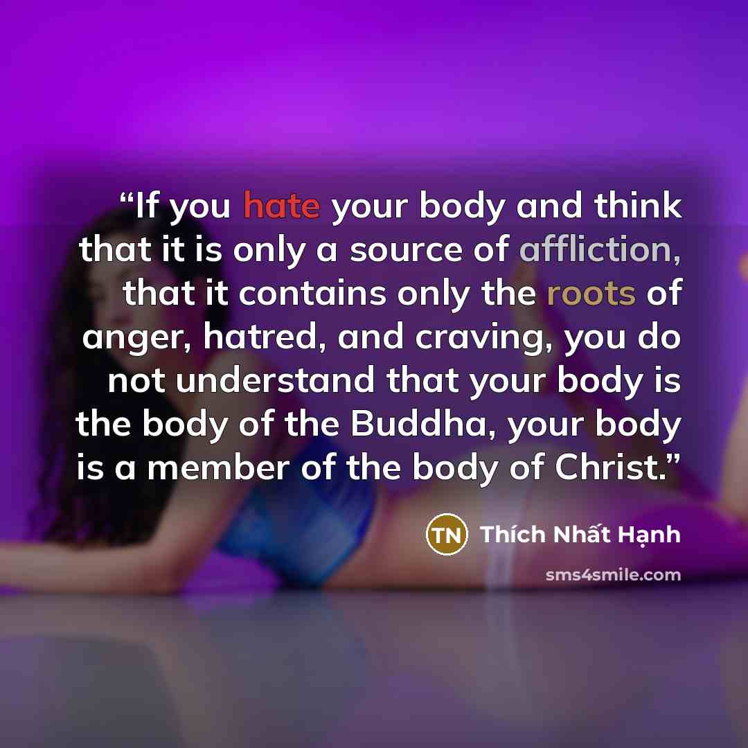 “If you hate your body and think that it is only a source of affliction, that it contains only the roots of anger, hatred, and craving, you do not understand that your body is the body of the Buddha, your body is a member of the body of Christ.” quote by Thich Nhat Hanh
