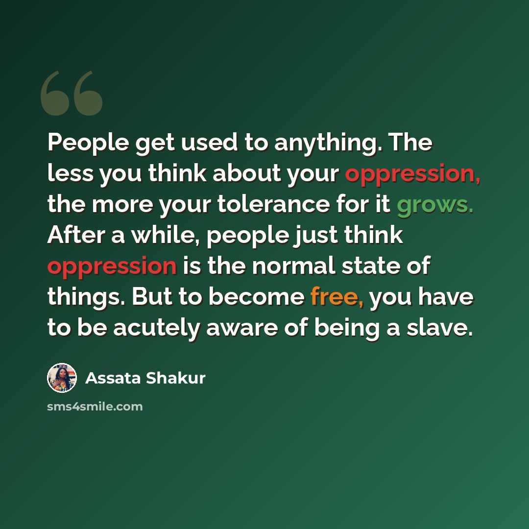 “People get used to anything. The less you think about your oppression, the more your tolerance for it grows. After a while, people just think oppression is the normal state of things. But to become free, you have to be acutely aware of being a slave.” quote by Assata Shakur