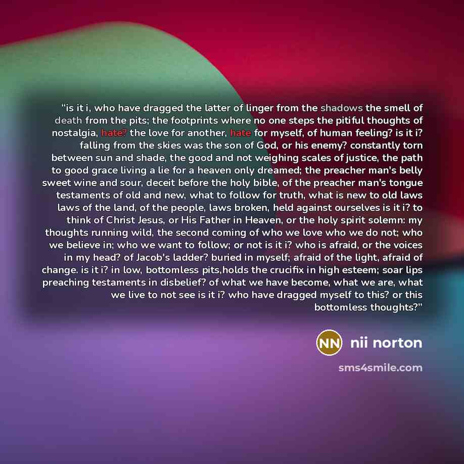“is it i, who have dragged the latter of linger from the shadows the smell of death from the pits; the footprints where no one steps the pitiful thoughts of nostalgia, hate? the love for another, hate for myself, of human feeling? is it i? falling from the skies was the son of God, or his enemy?…” quote by nii norton
