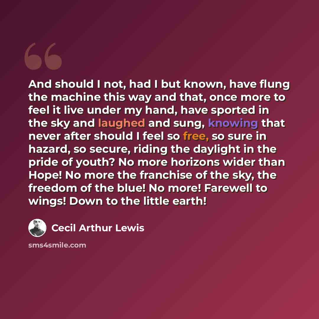“And should I not, had I but known, have flung the machine this way and that, once more to feel it live under my hand, have sported in the sky and laughed and sung, knowing that never after should I feel so free, so sure in hazard, so secure, riding the daylight in the pride of youth? No more…” quote by Cecil Arthur Lewis