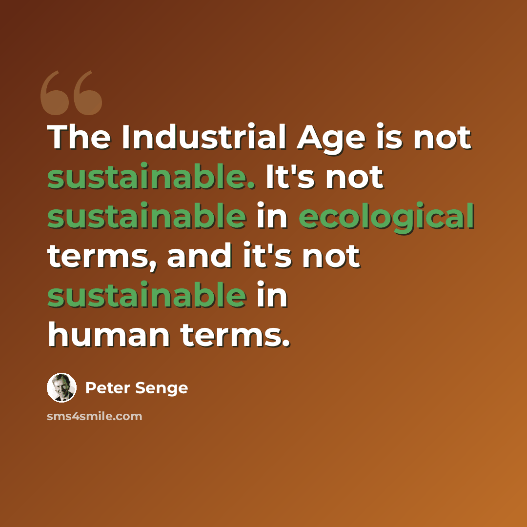 “The Industrial Age is not sustainable. It's not sustainable in ecological terms, and it's not sustainable in human terms.” quote by Peter Senge