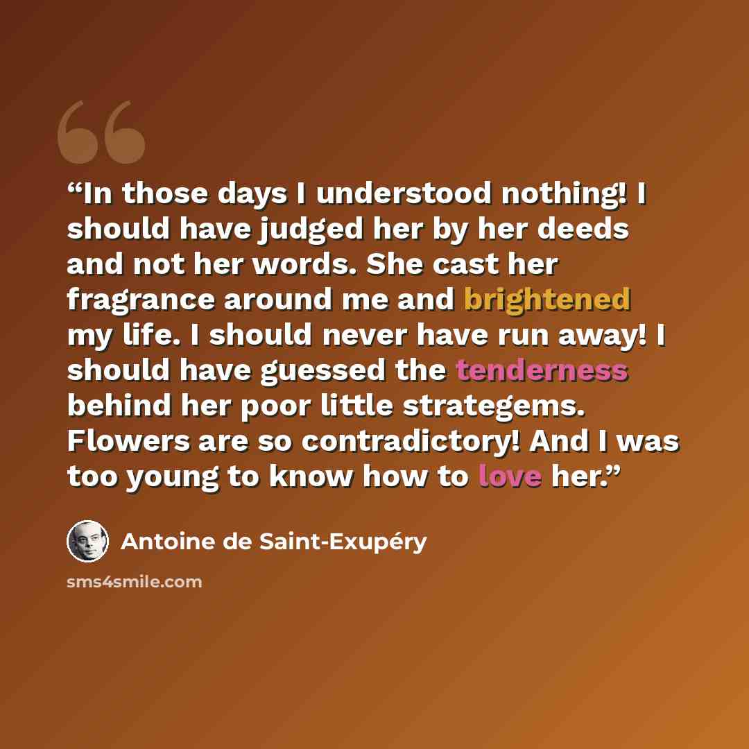“In those days I understood nothing! I should have judged her by her deeds and not her words. She cast her fragrance around me and brightened my life. I should never have run away! I should have guessed the tenderness behind her poor little strategems. Flowers are so contradictory! And I was too…” quote by Antoine de Saint-Exupéry