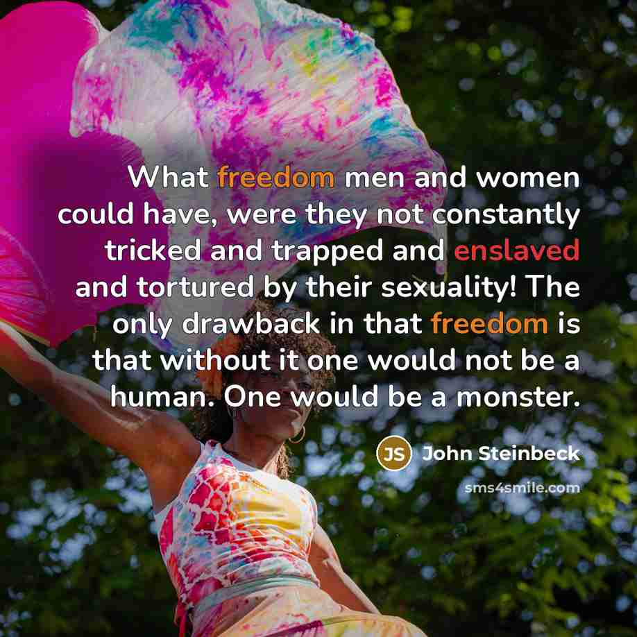 “What freedom men and women could have, were they not constantly tricked and trapped and enslaved and tortured by their sexuality! The only drawback in that freedom is that without it one would not be a human. One would be a monster.” quote by John Steinbeck