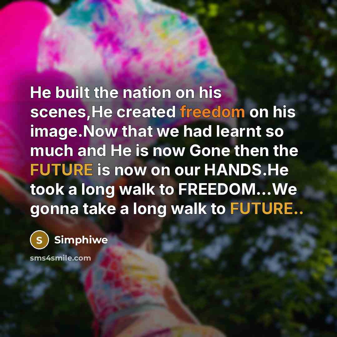 “He built the nation on his scenes,He created freedom on his image.Now that we had learnt so much and He is now Gone then the FUTURE is now on our HANDS.He took a long walk to FREEDOM...We gonna take a long walk to FUTURE..” quote by Simphiwe