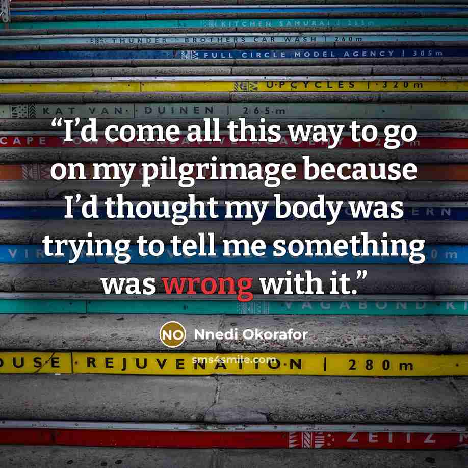 “I’d come all this way to go on my pilgrimage because I’d thought my body was trying to tell me something was wrong with it.” quote by Nnedi Okorafor