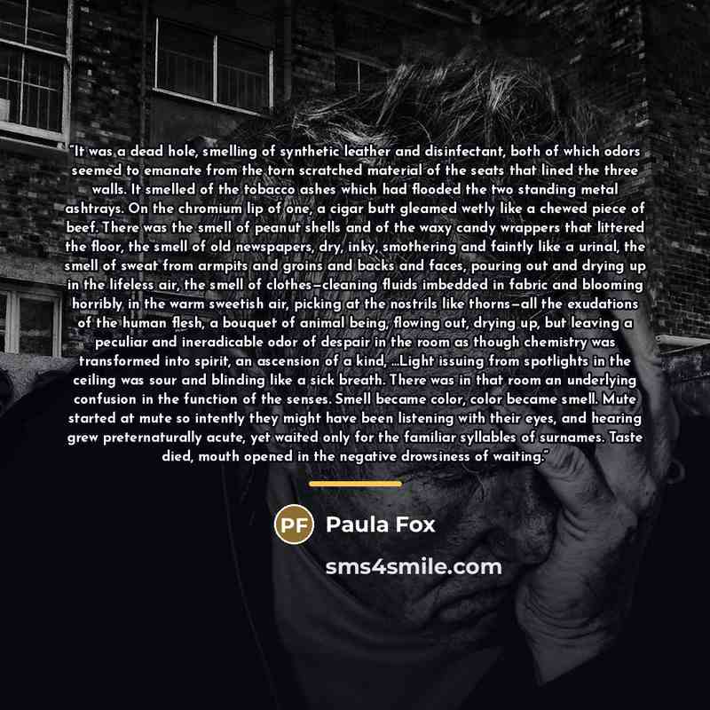 “It was a dead hole, smelling of synthetic leather and disinfectant, both of which odors seemed to emanate from the torn scratched material of the seats that lined the three walls. It smelled of the tobacco ashes which had flooded the two standing metal ashtrays. On the chromium lip of one, a cigar…” quote by Paula Fox