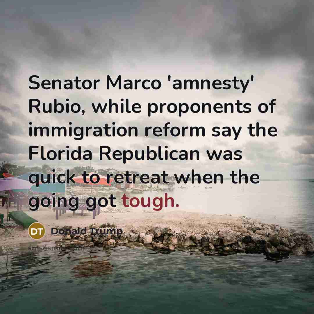 “Senator Marco 'amnesty' Rubio, while proponents of immigration reform say the Florida Republican was quick to retreat when the going got tough.” quote by Donald Trump