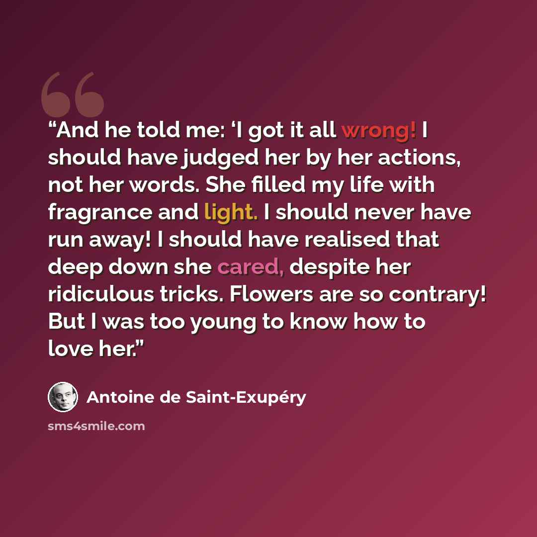 “And he told me: ‘I got it all wrong! I should have judged her by her actions, not her words. She filled my life with fragrance and light. I should never have run away! I should have realised that deep down she cared, despite her ridiculous tricks. Flowers are so contrary! But I was too young to…” quote by Antoine de Saint-Exupéry