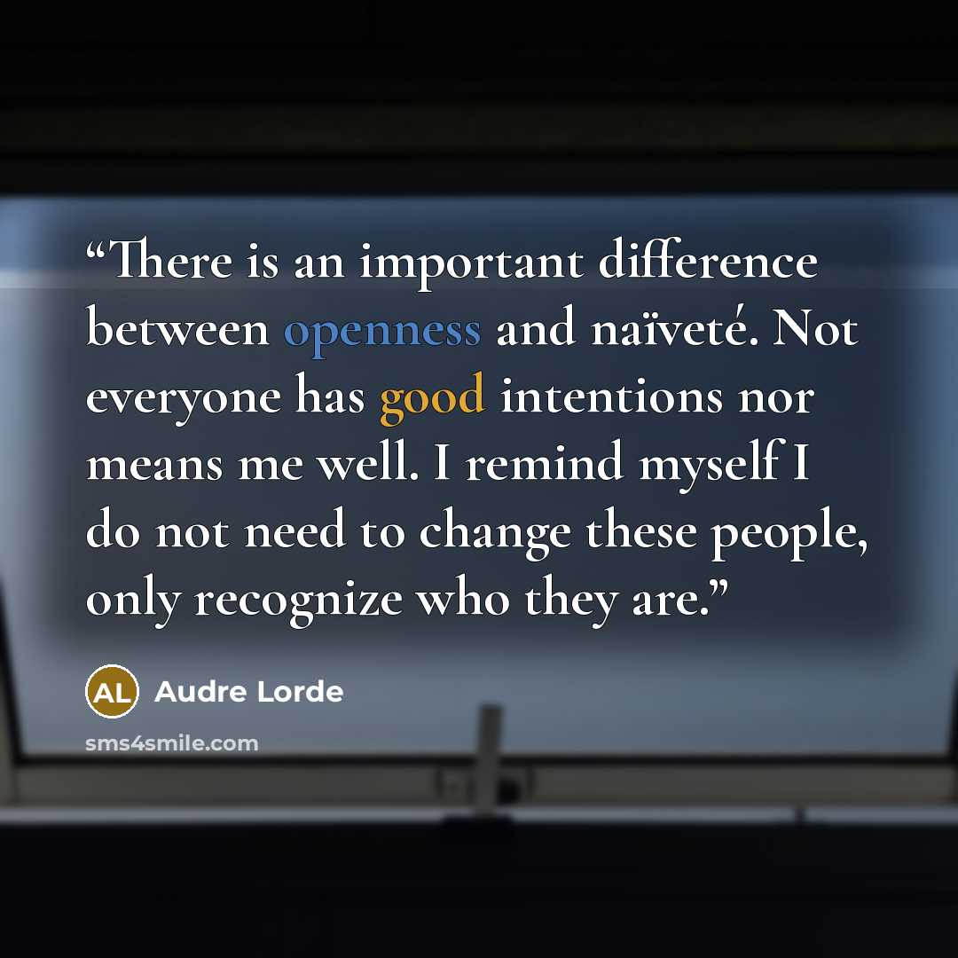 “There is an important difference between openness and naïveté. Not everyone has good intentions nor means me well. I remind myself I do not need to change these people, only recognize who they are.” quote by Audre Lorde