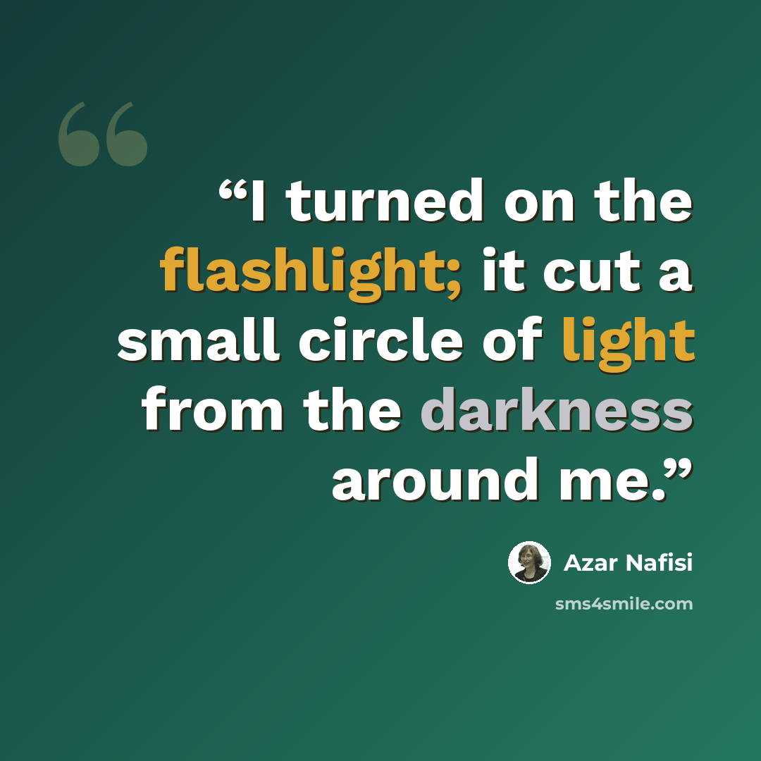 “I turned on the flashlight; it cut a small circle of light from the darkness around me.” quote by Azar Nafisi