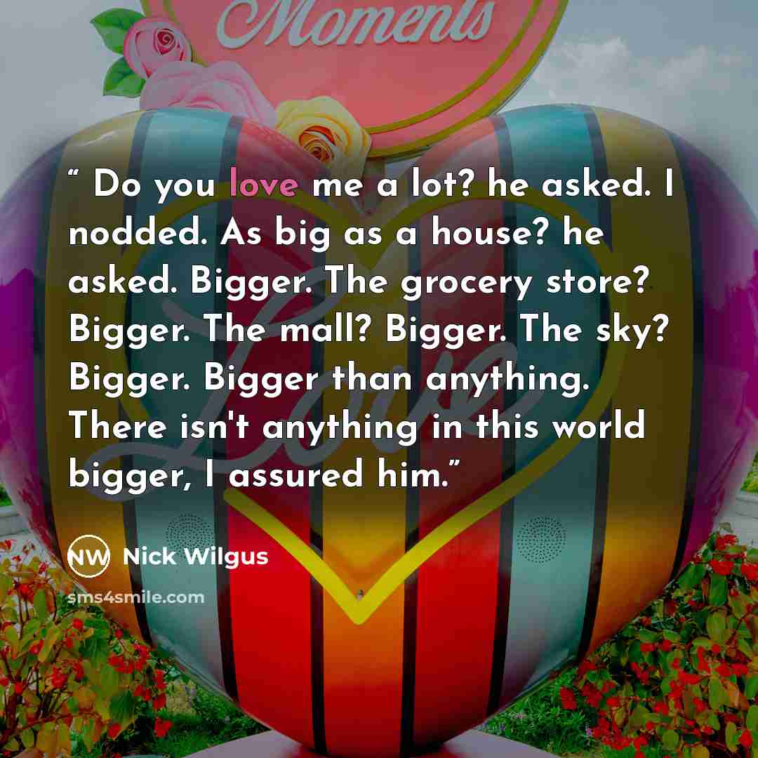 “Do you love me a lot? he asked. I nodded. As big as a house? he asked. Bigger. The grocery store? Bigger. The mall? Bigger. The sky? Bigger. Bigger than anything. There isn't anything in this world bigger, I assured him.” quote by Nick Wilgus