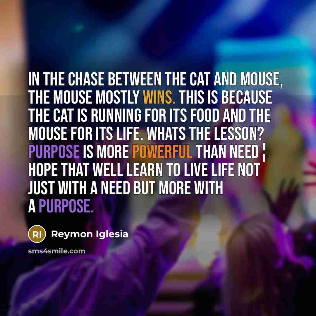 “In the chase between the cat and mouse, the mouse mostly wins. This is because the cat is running for its food and the mouse for its life. Whats the lesson? Purpose is more powerful than need¦ Hope that well learn to live life not just with a need but more with a purpose.” quote by Reymon Iglesia
