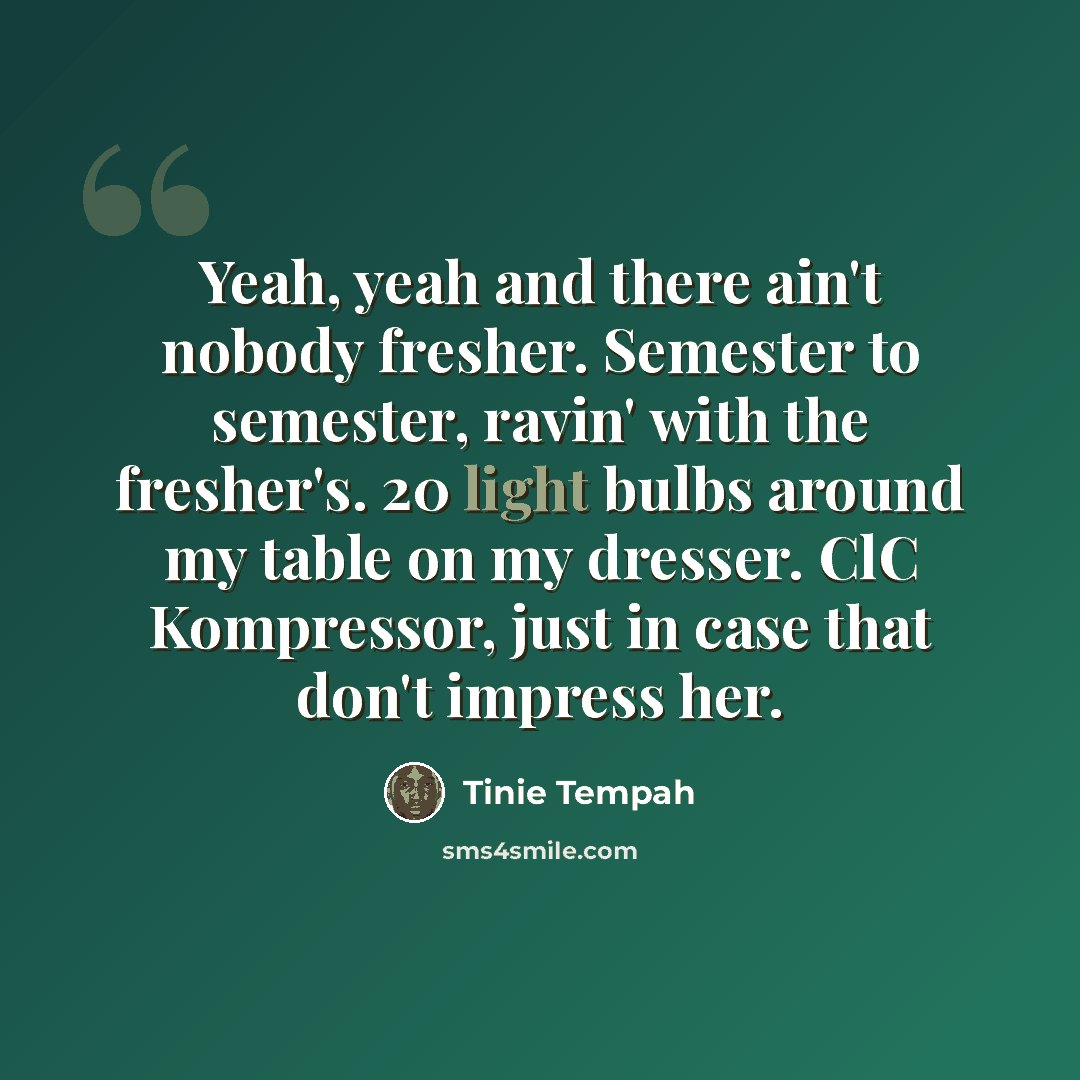 “Yeah, yeah and there ain't nobody fresher. Semester to semester, ravin' with the fresher's. 20 light bulbs around my table on my dresser. ClC Kompressor, just in case that don't impress her.” quote by Tinie Tempah