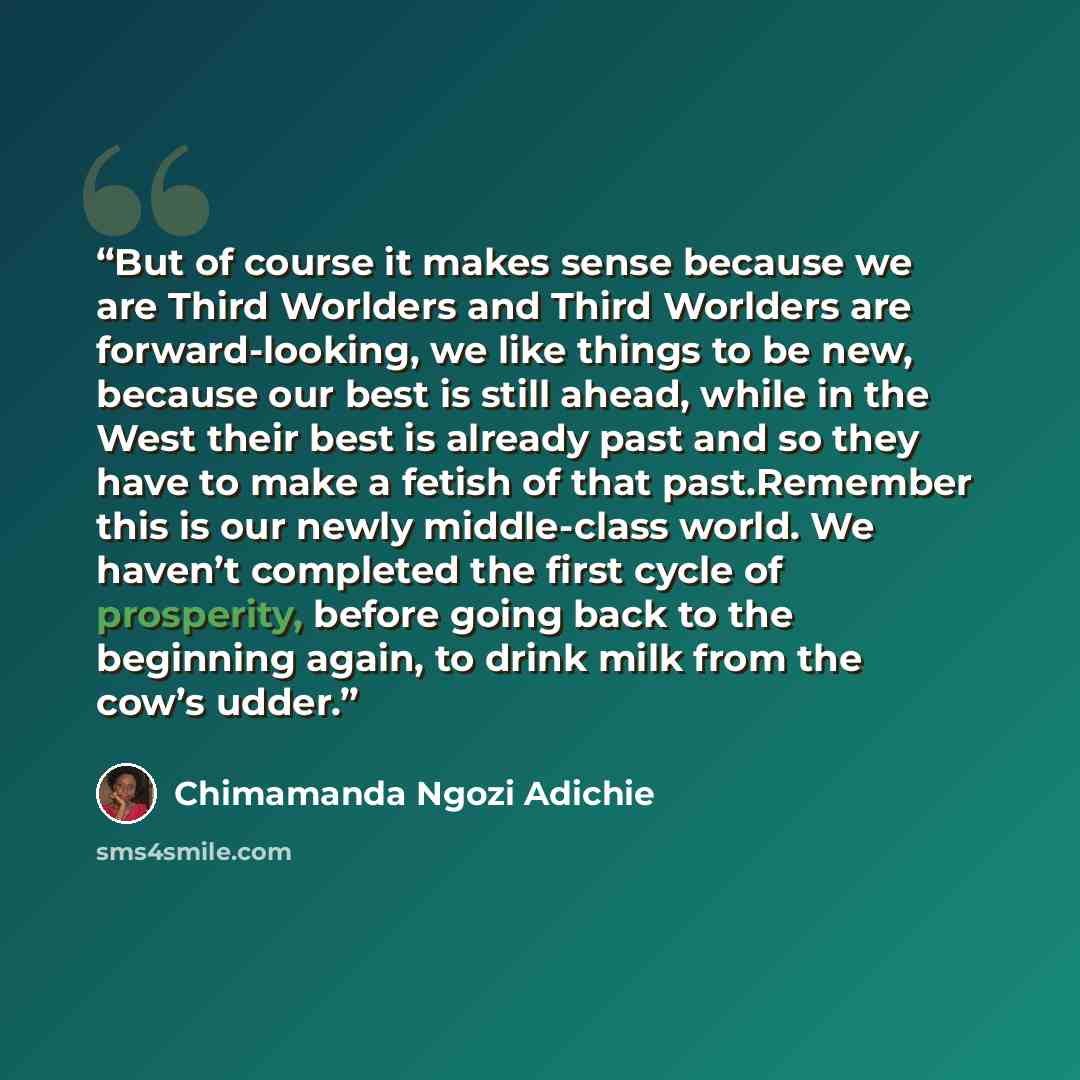 “But of course it makes sense because we are Third Worlders and Third Worlders are forward-looking, we like things to be new, because our best is still ahead, while in the West their best is already past and so they have to make a fetish of that past.Remember this is our newly middle-class world…” quote by Chimamanda Ngozi Adichie