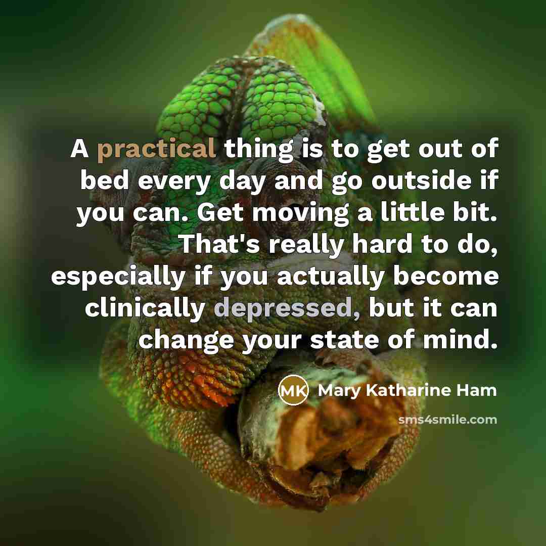 “A practical thing is to get out of bed every day and go outside if you can. Get moving a little bit. That's really hard to do, especially if you actually become clinically depressed, but it can change your state of mind.” quote by Mary Katharine Ham