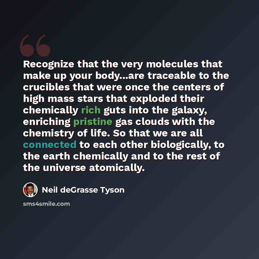 “Recognize that the very molecules that make up your body...are traceable to the crucibles that were once the centers of high mass stars that exploded their chemically rich guts into the galaxy, enriching pristine gas clouds with the chemistry of life. So that we are all connected to each other…” quote by Neil deGrasse Tyson