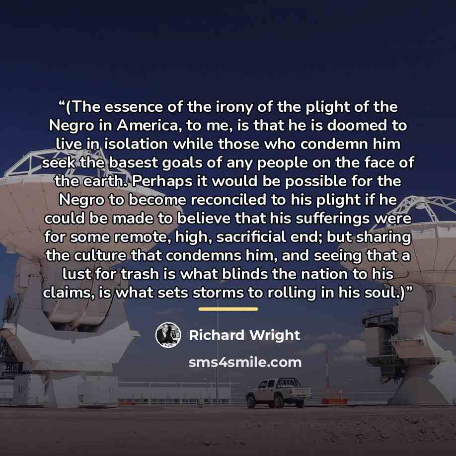“(The essence of the irony of the plight of the Negro in America, to me, is that he is doomed to live in isolation while those who condemn him seek the basest goals of any people on the face of the earth. Perhaps it would be possible for the Negro to become reconciled to his plight if he could be…” quote by Richard Wright