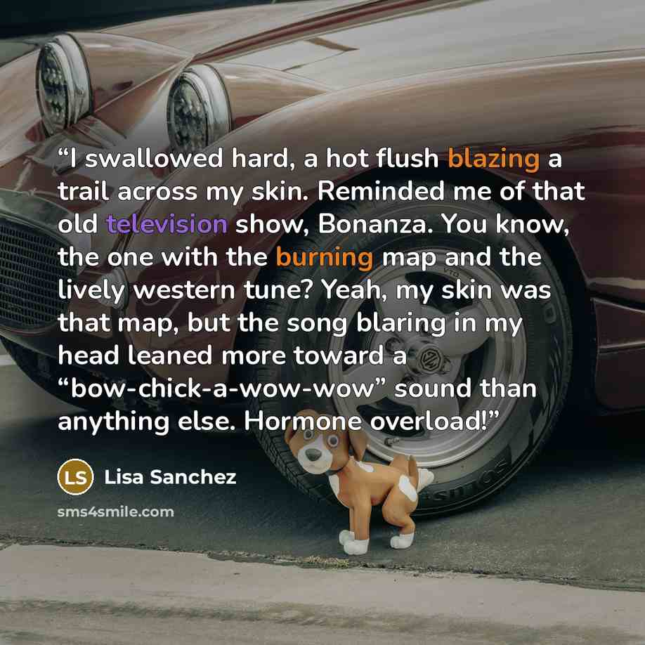 “I swallowed hard, a hot flush blazing a trail across my skin. Reminded me of that old television show, Bonanza. You know, the one with the burning map and the lively western tune? Yeah, my skin was that map, but the song blaring in my head leaned more toward a “bow-chick-a-wow-wow” sound than…” quote by Lisa Sanchez