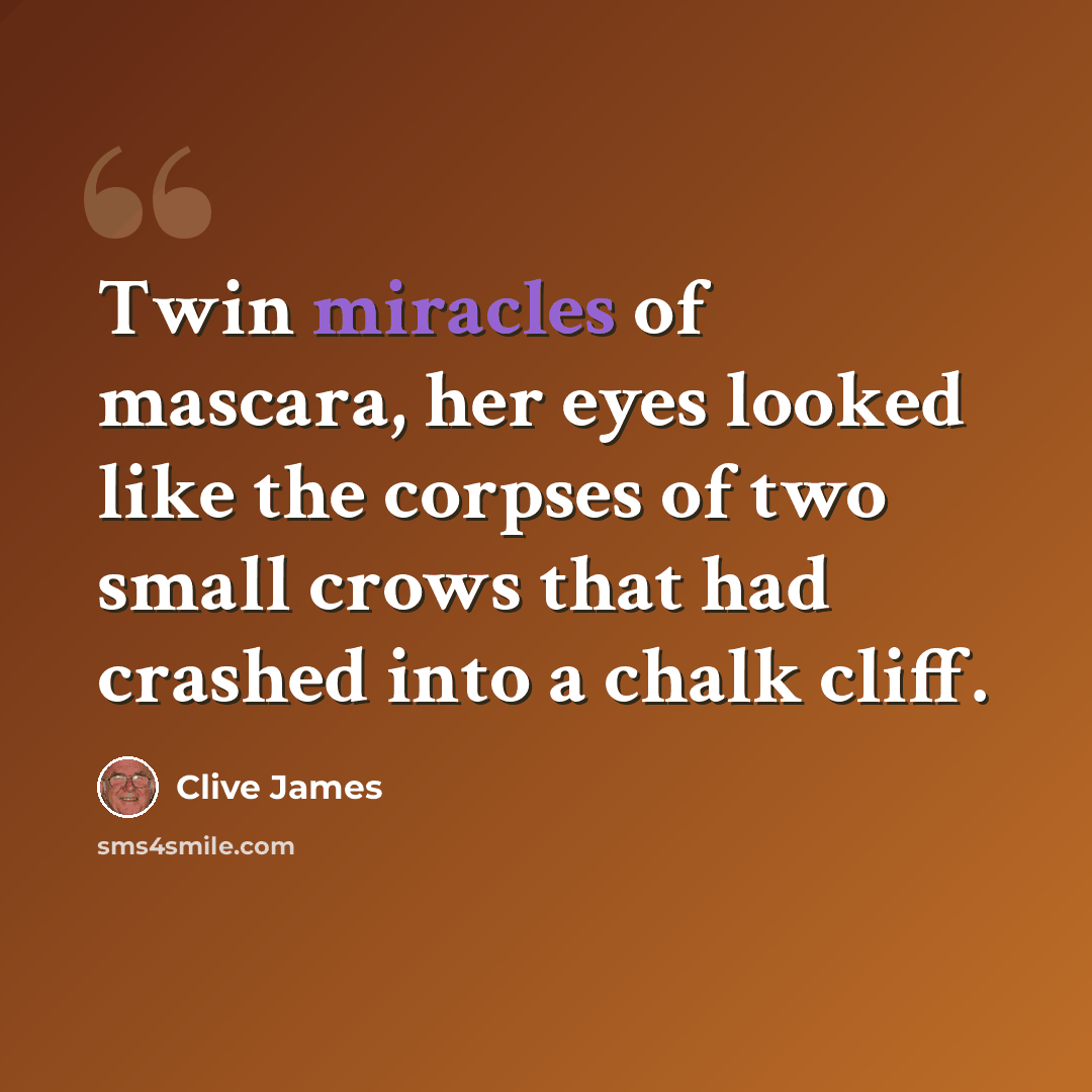 “Twin miracles of mascara, her eyes looked like the corpses of two small crows that had crashed into a chalk cliff.” quote by Clive James