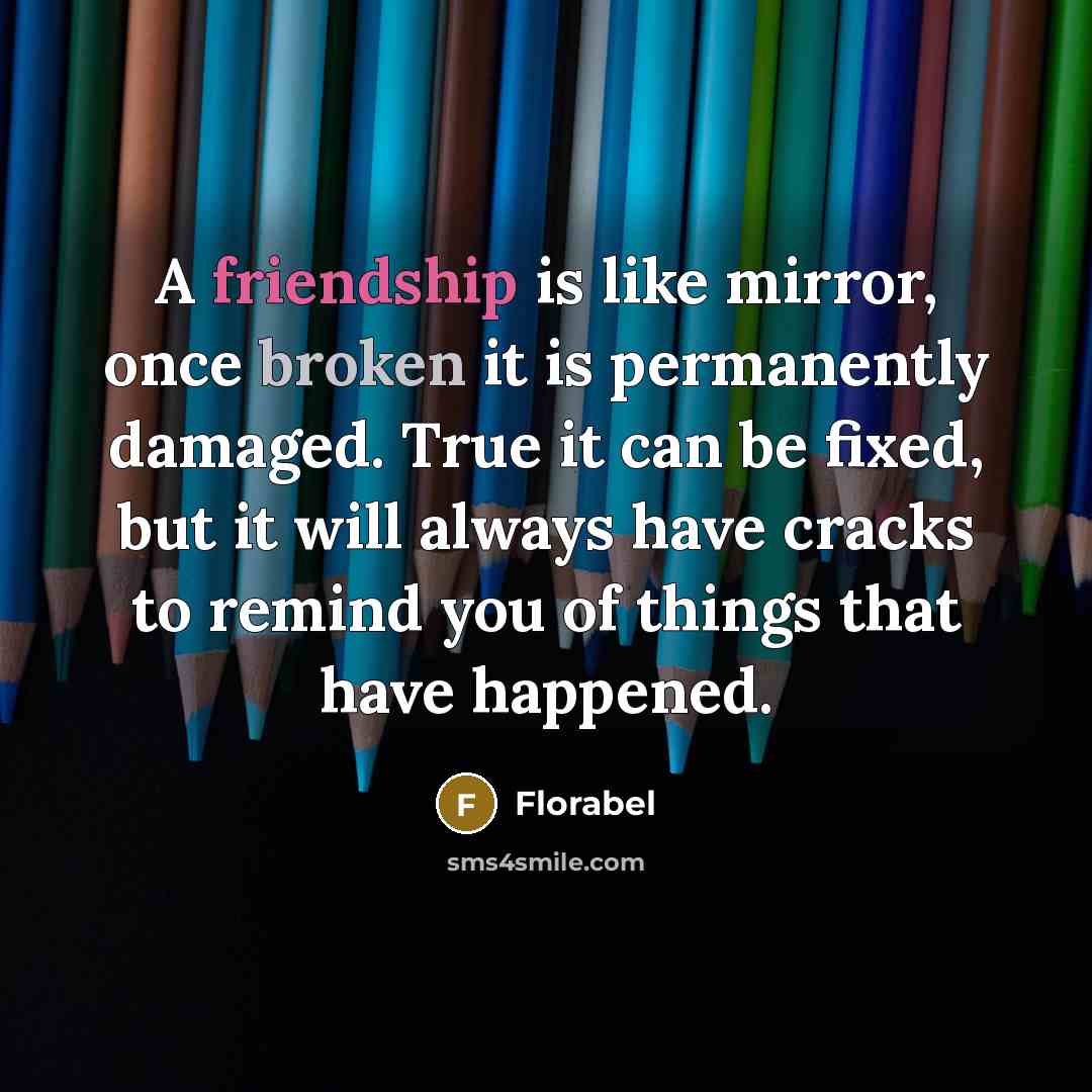 “A friendship is like mirror, once broken it is permanently damaged. True it can be fixed, but it will always have cracks to remind you of things that have happened.” quote by Florabel