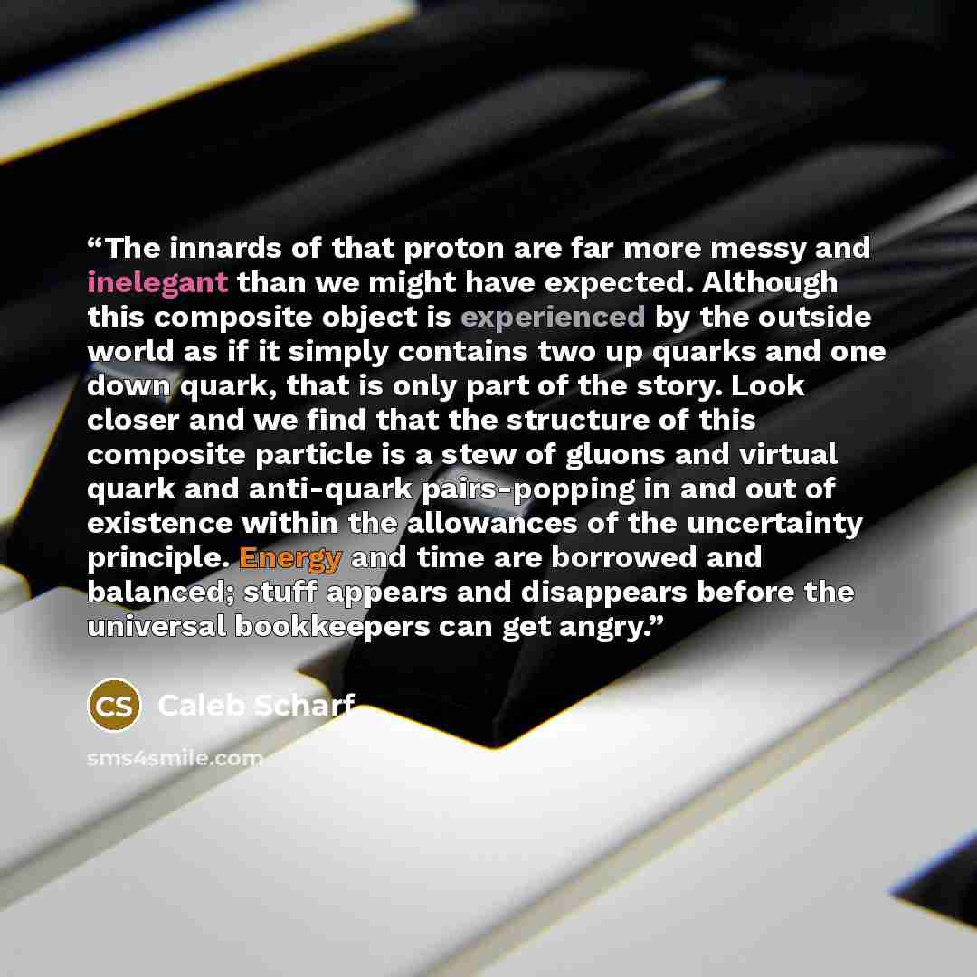 “The innards of that proton are far more messy and inelegant than we might have expected. Although this composite object is experienced by the outside world as if it simply contains two up quarks and one down quark, that is only part of the story. Look closer and we find that the structure of this…” quote by Caleb Scharf
