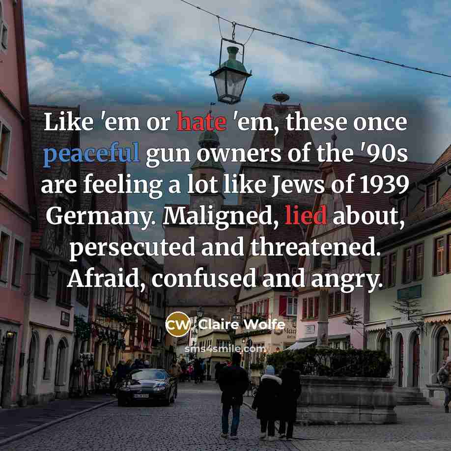 “Like 'em or hate 'em, these once peaceful gun owners of the '90s are feeling a lot like Jews of 1939 Germany. Maligned, lied about, persecuted and threatened. Afraid, confused and angry.” quote by Claire Wolfe