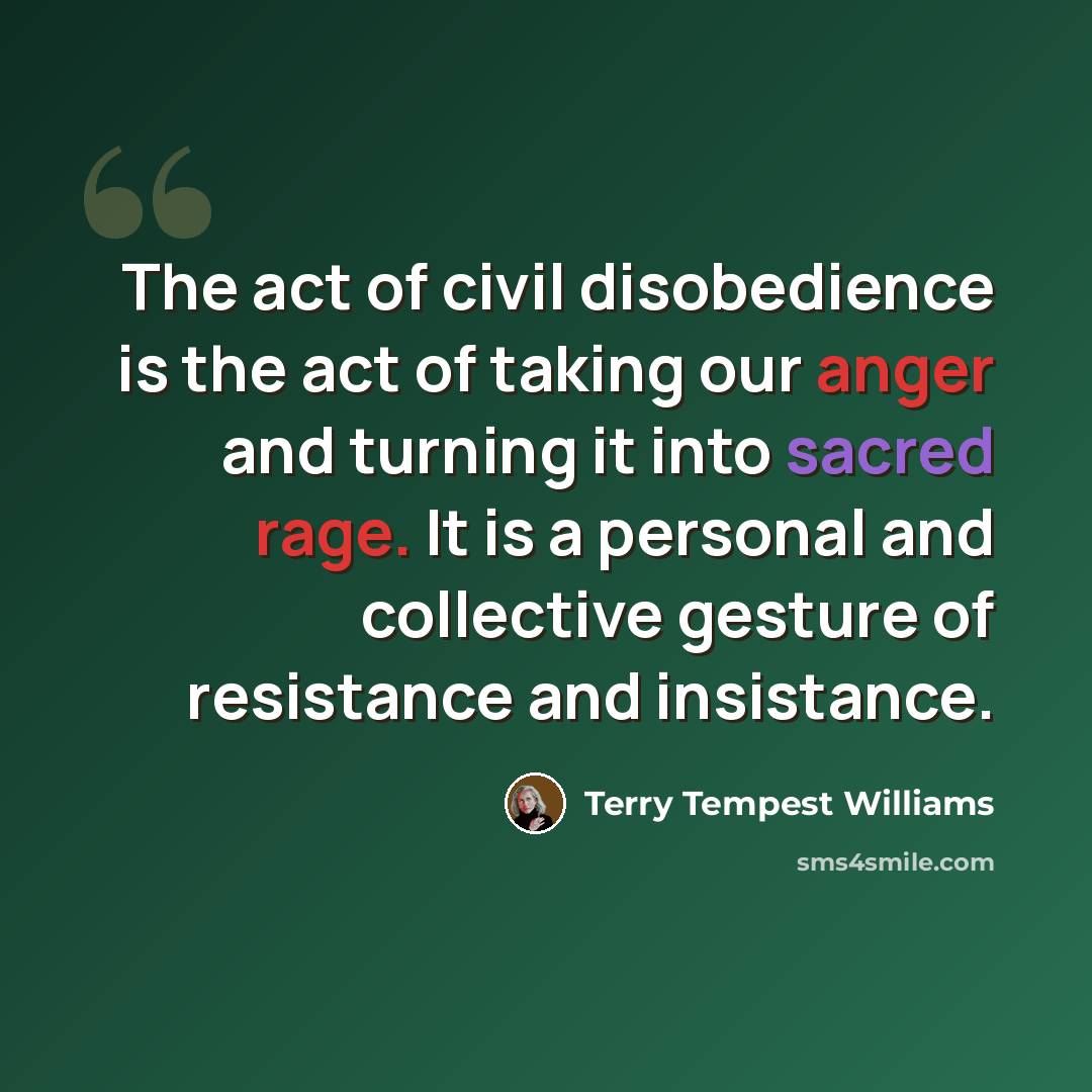 “The act of civil disobedience is the act of taking our anger and turning it into sacred rage. It is a personal and collective gesture of resistance and insistance.” quote by Terry Tempest Williams
