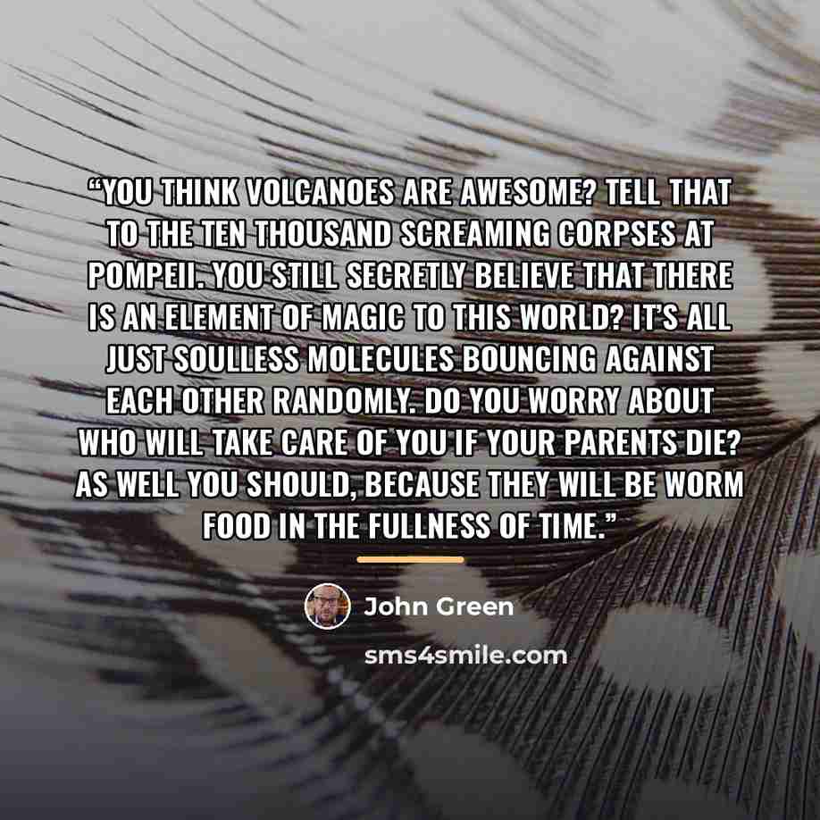 “You think volcanoes are awesome? Tell that to the ten thousand screaming corpses at Pompeii. You still secretly believe that there is an element of magic to this world? It’s all just soulless molecules bouncing against each other randomly. Do you worry about who will take care of you if your…” quote by John Green