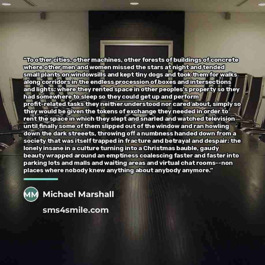 “To other cities, other machines, other forests of buildings of concrete where other men and women missed the stars at night and tended small plants on windowsills and kept tiny dogs and took them for walks along corridors in the endless procession of boxes and intersections and lights; where they…” quote by Michael Marshall