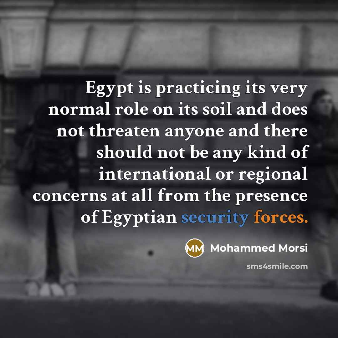 “Egypt is practicing its very normal role on its soil and does not threaten anyone and there should not be any kind of international or regional concerns at all from the presence of Egyptian security forces.” quote by Mohammed Morsi