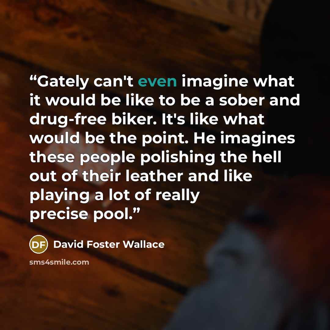 “Gately can't even imagine what it would be like to be a sober and drug-free biker. It's like what would be the point. He imagines these people polishing the hell out of their leather and like playing a lot of really precise pool.” quote by David Foster Wallace