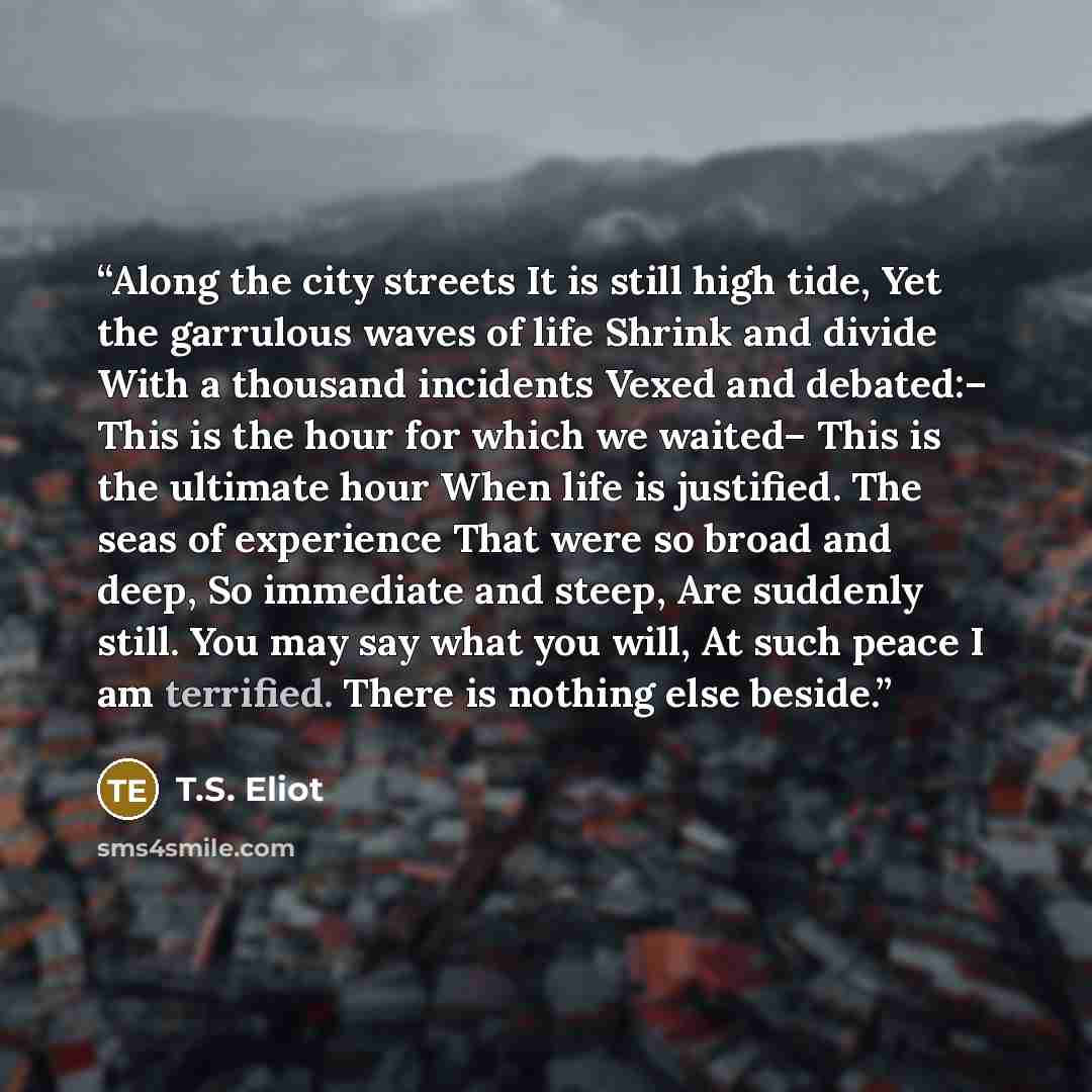 “Along the city streets It is still high tide, Yet the garrulous waves of life Shrink and divide With a thousand incidents Vexed and debated:– This is the hour for which we waited– This is the ultimate hour When life is justified. The seas of experience That were so broad and deep, So immediate and…” quote by T.S. Eliot
