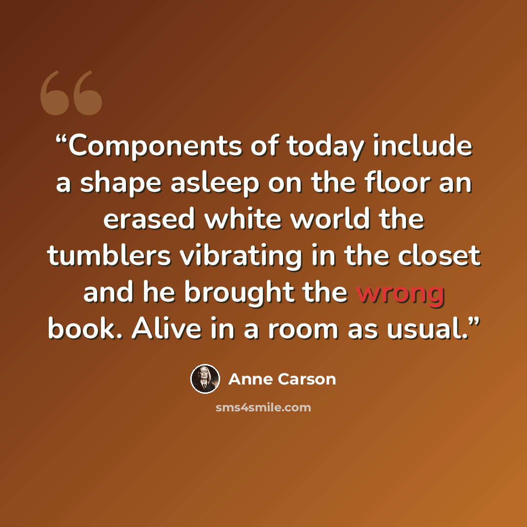 “Components of today include a shape asleep on the floor an erased white world the tumblers vibrating in the closet and he brought the wrong book. Alive in a room as usual.” quote by Anne Carson