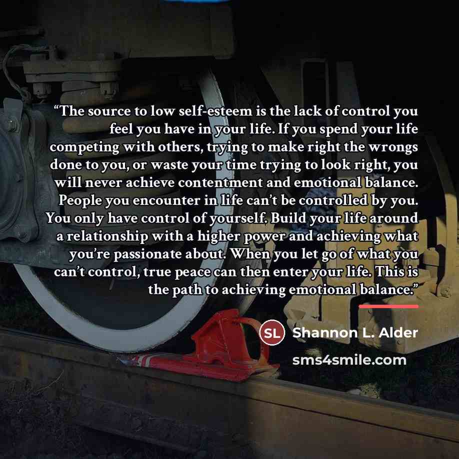 “The source to low self-esteem is the lack of control you feel you have in your life. If you spend your life competing with others, trying to make right the wrongs done to you, or waste your time trying to look right, you will never achieve contentment and emotional balance. People you encounter in…” quote by Shannon L. Alder