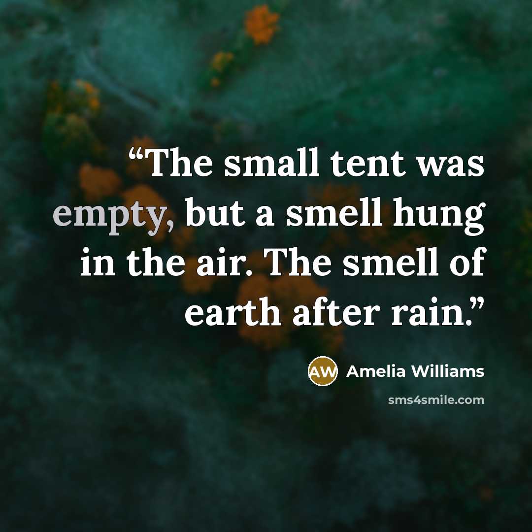 “The small tent was empty, but a smell hung in the air. The smell of earth after rain.” quote by Amelia Williams