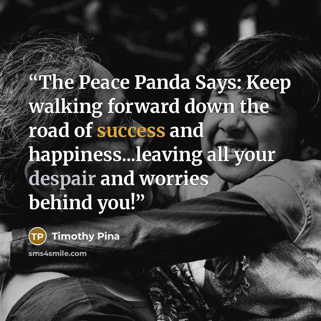 “The Peace Panda Says: Keep walking forward down the road of success and happiness...leaving all your despair and worries behind you!” quote by Timothy Pina